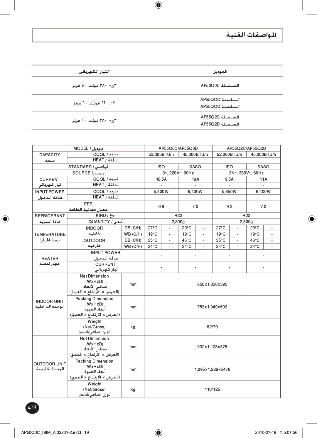 Samsung AP55Q0DNUMG manual ةينفلا تافصاولما, يئابرهكلا رايتلا 