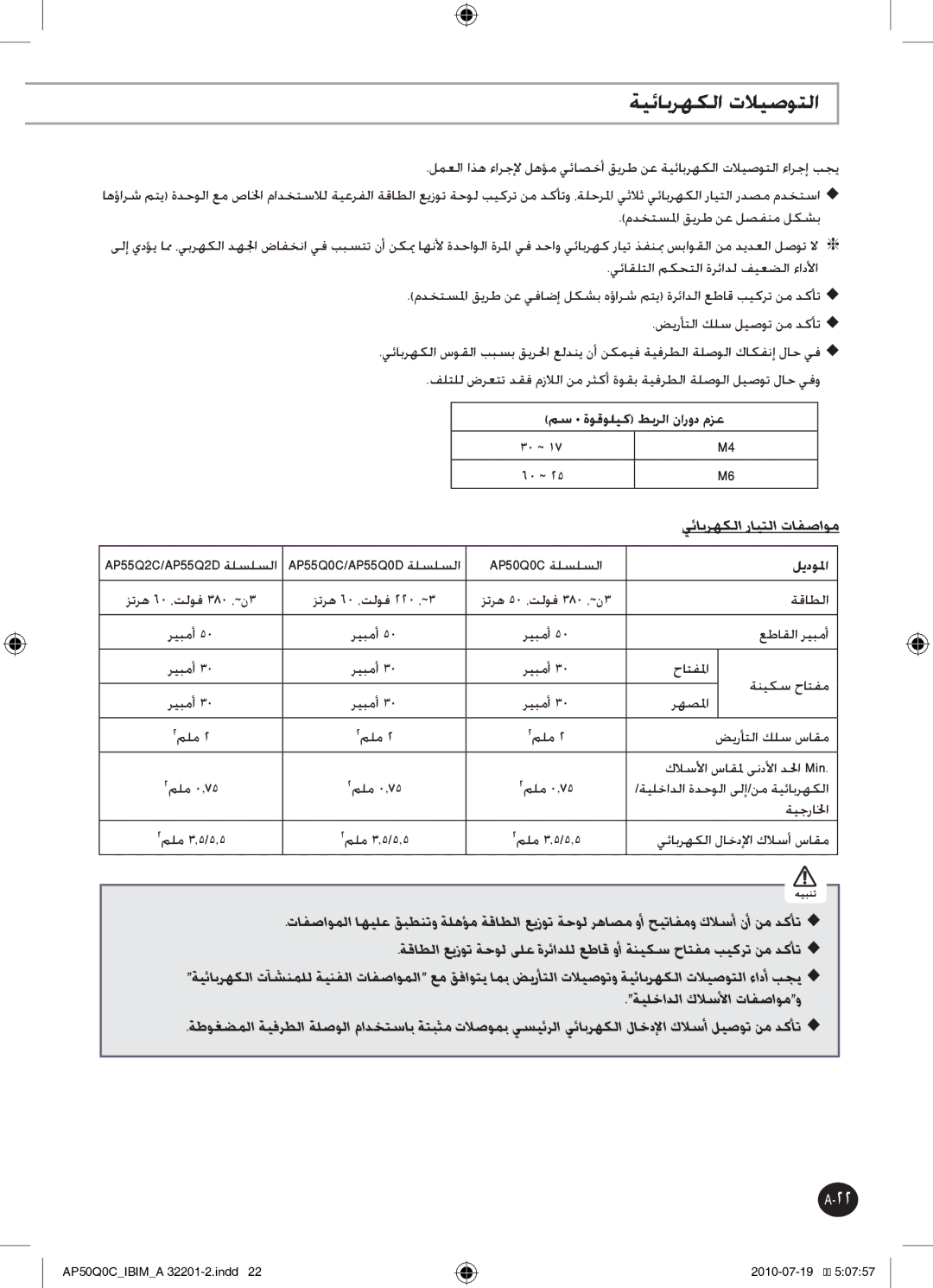 Samsung AP55Q0DNUMG manual ةيئابرهكلا تلايصوتلا, مس ةوقوليك طبرلا نارود مزع, ليدولما 