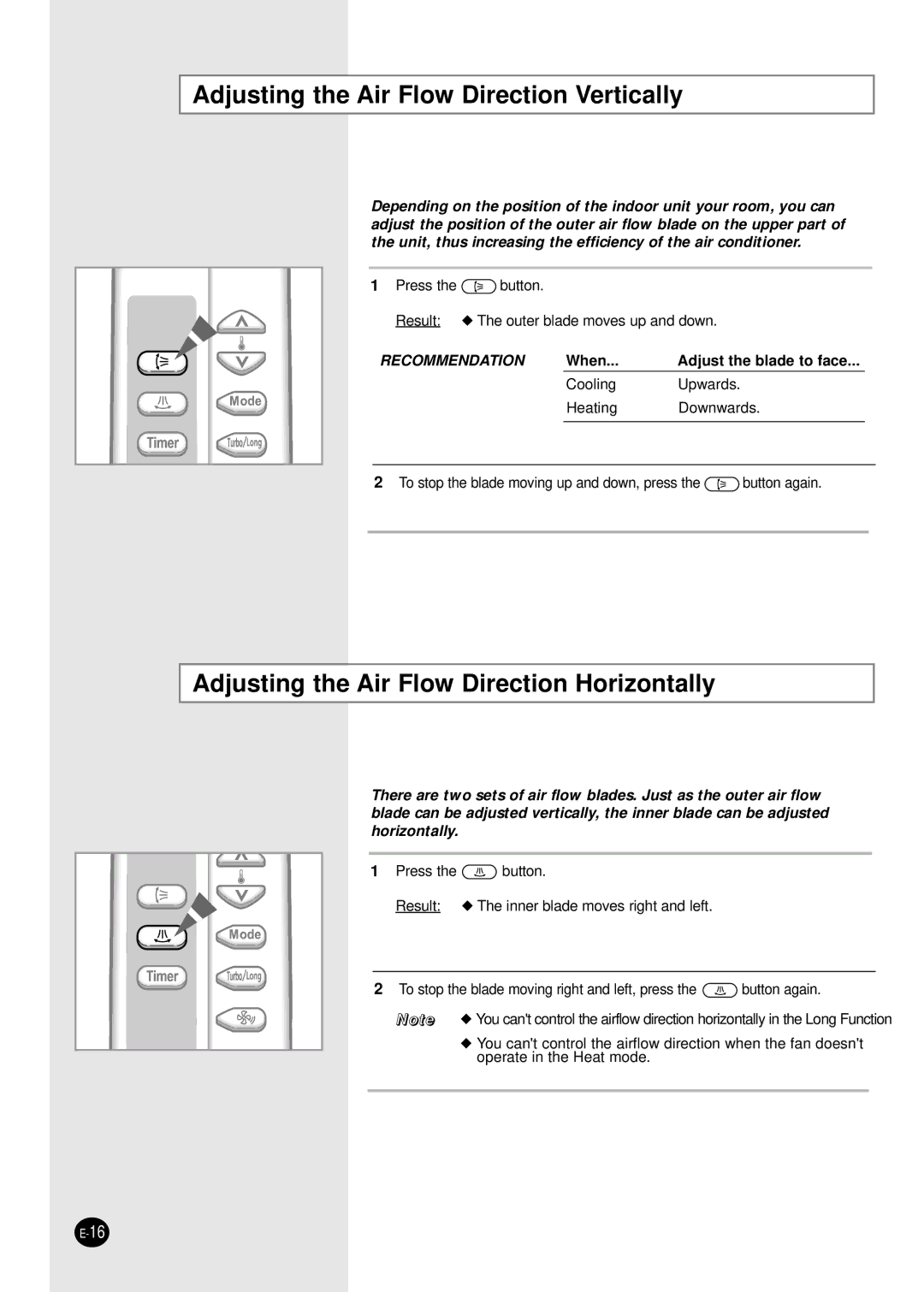 Samsung AP55Q1BNUMG manual Adjusting the Air Flow Direction Vertically, Adjusting the Air Flow Direction Horizontally 