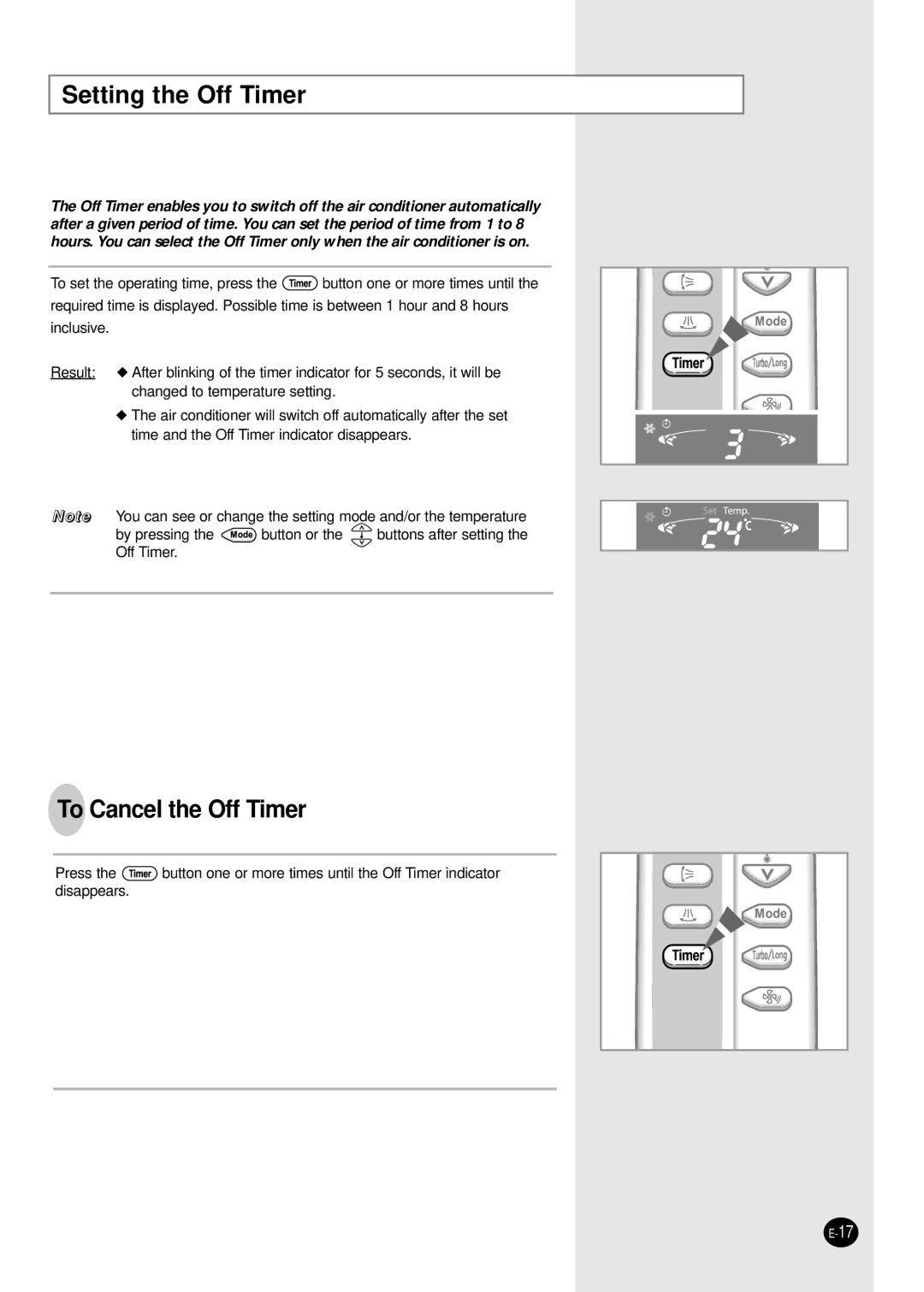 Samsung AP50Q1CNHAC, AP55Q1BNUMG manual Setting the Off Timer, To Cancel the Off Timer 