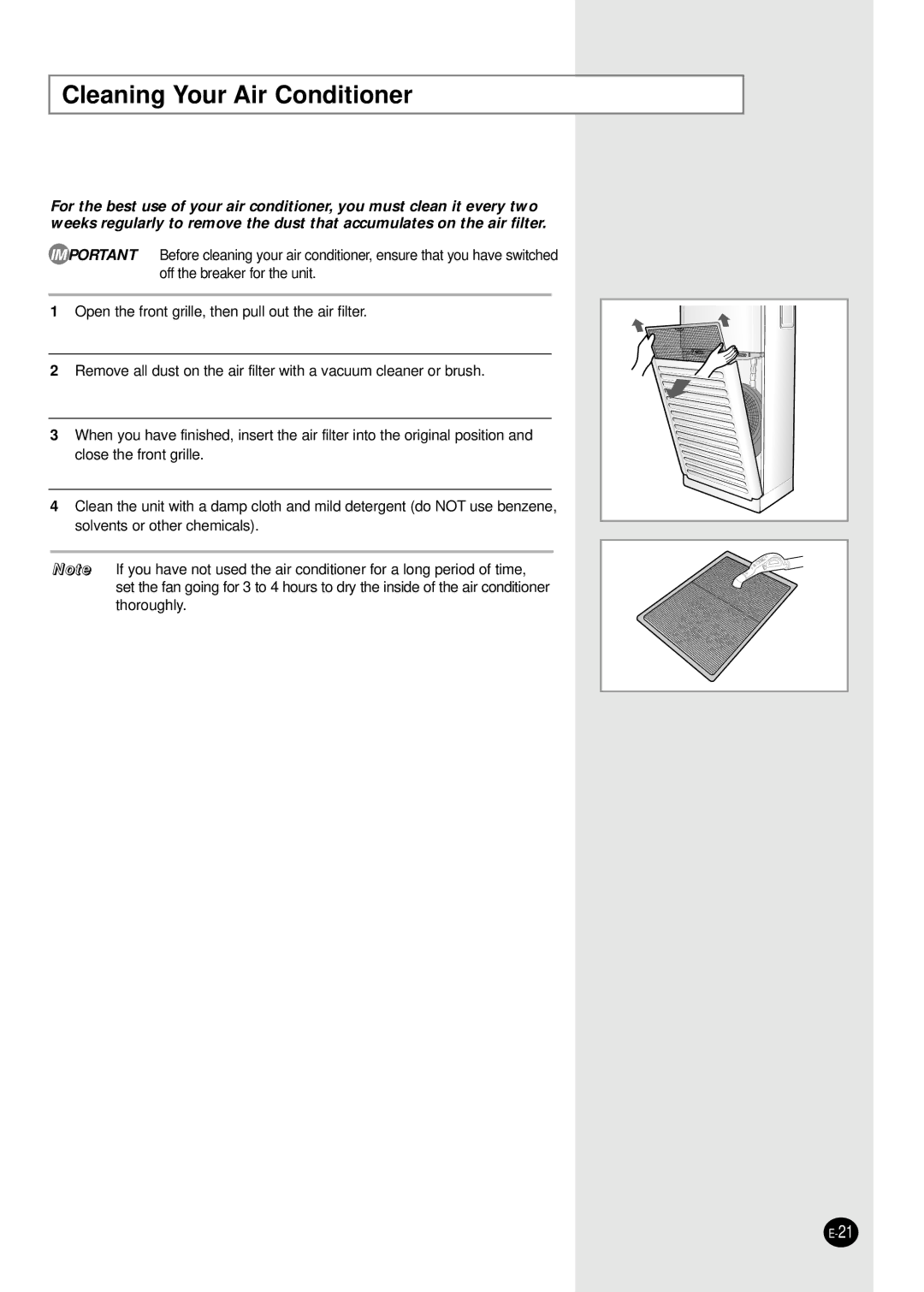 Samsung AP50Q1CNHAC, AP55Q1BNUMG manual Cleaning Your Air Conditioner 