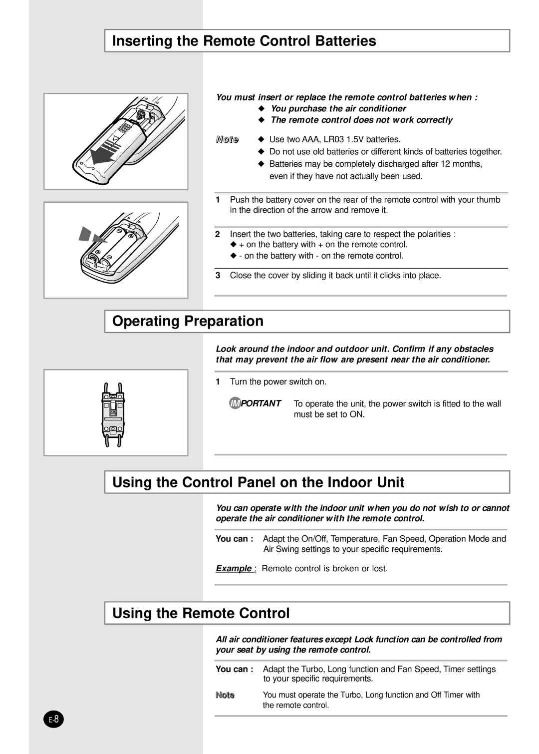 Samsung AP55Q1BNUMG, AP50Q1CNHAC Inserting the Remote Control Batteries, Operating Preparation, Using the Remote Control 