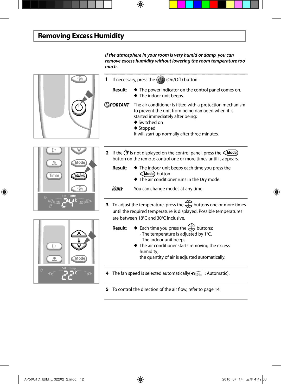 Samsung AP55Q1DNUMG, AP55Q1CNUMG manual Removing Excess Humidity 