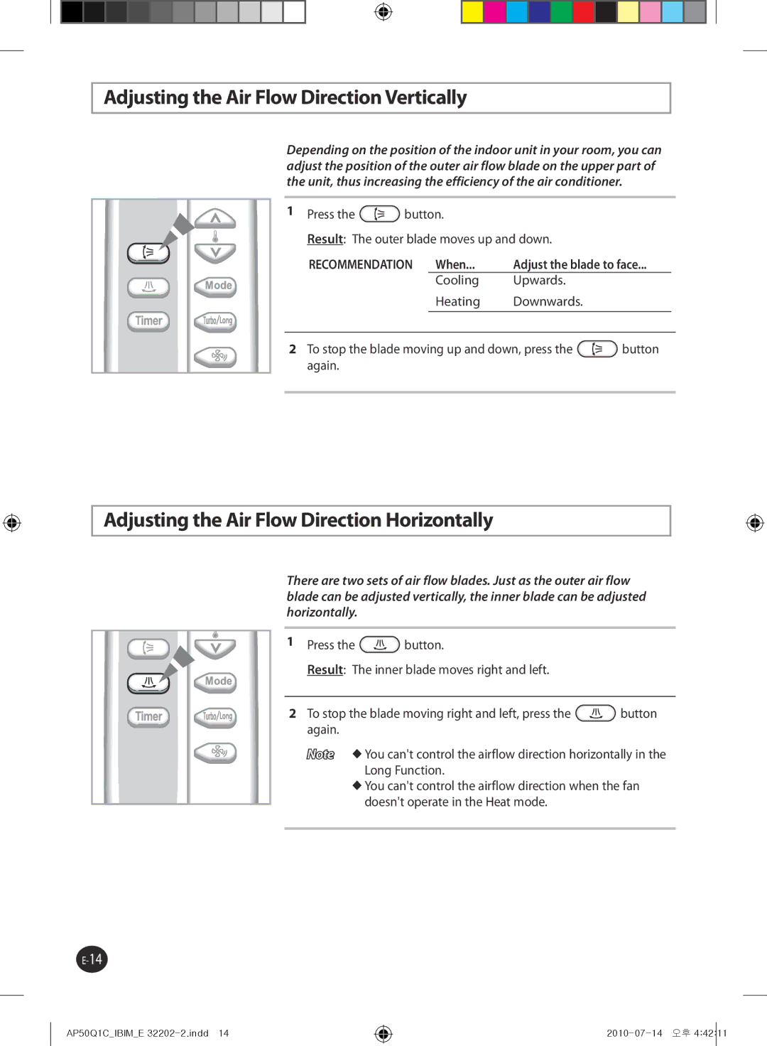 Samsung AP55Q1DNUMG manual Adjusting the Air Flow Direction Vertically, Adjusting the Air Flow Direction Horizontally, When 