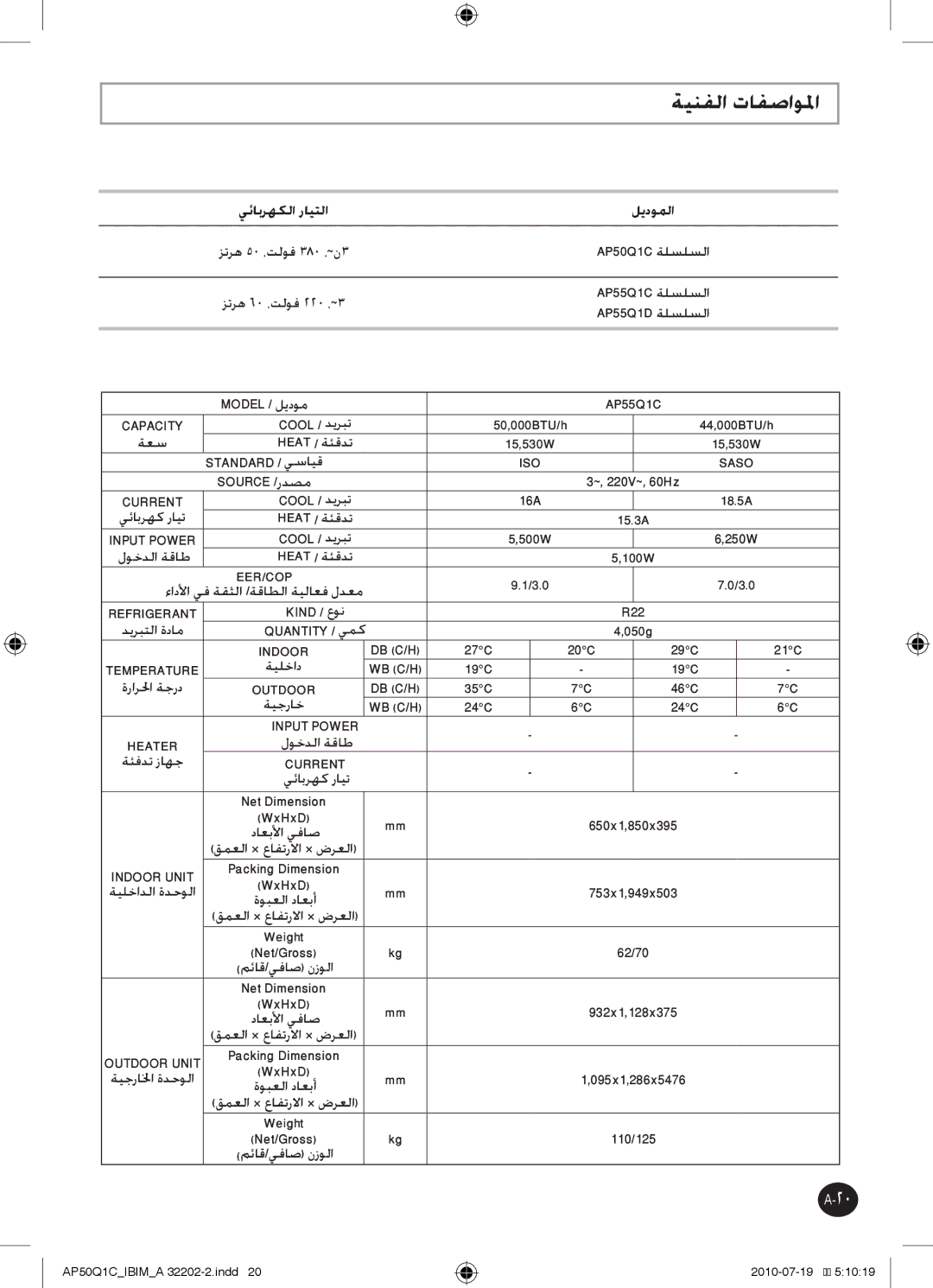 Samsung AP55Q1DNUMG, AP55Q1CNUMG manual ةينفلا تافصاولما, يئابرهكلا رايتلا ليدوملا 