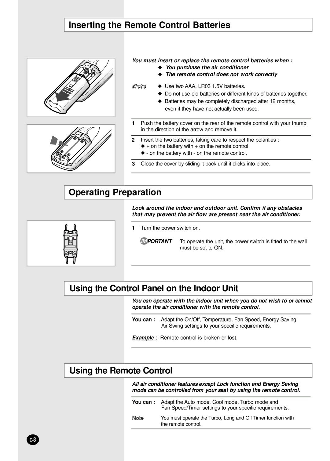 Samsung AP55Q2BNUMG manual Inserting the Remote Control Batteries, Operating Preparation, Using the Remote Control 