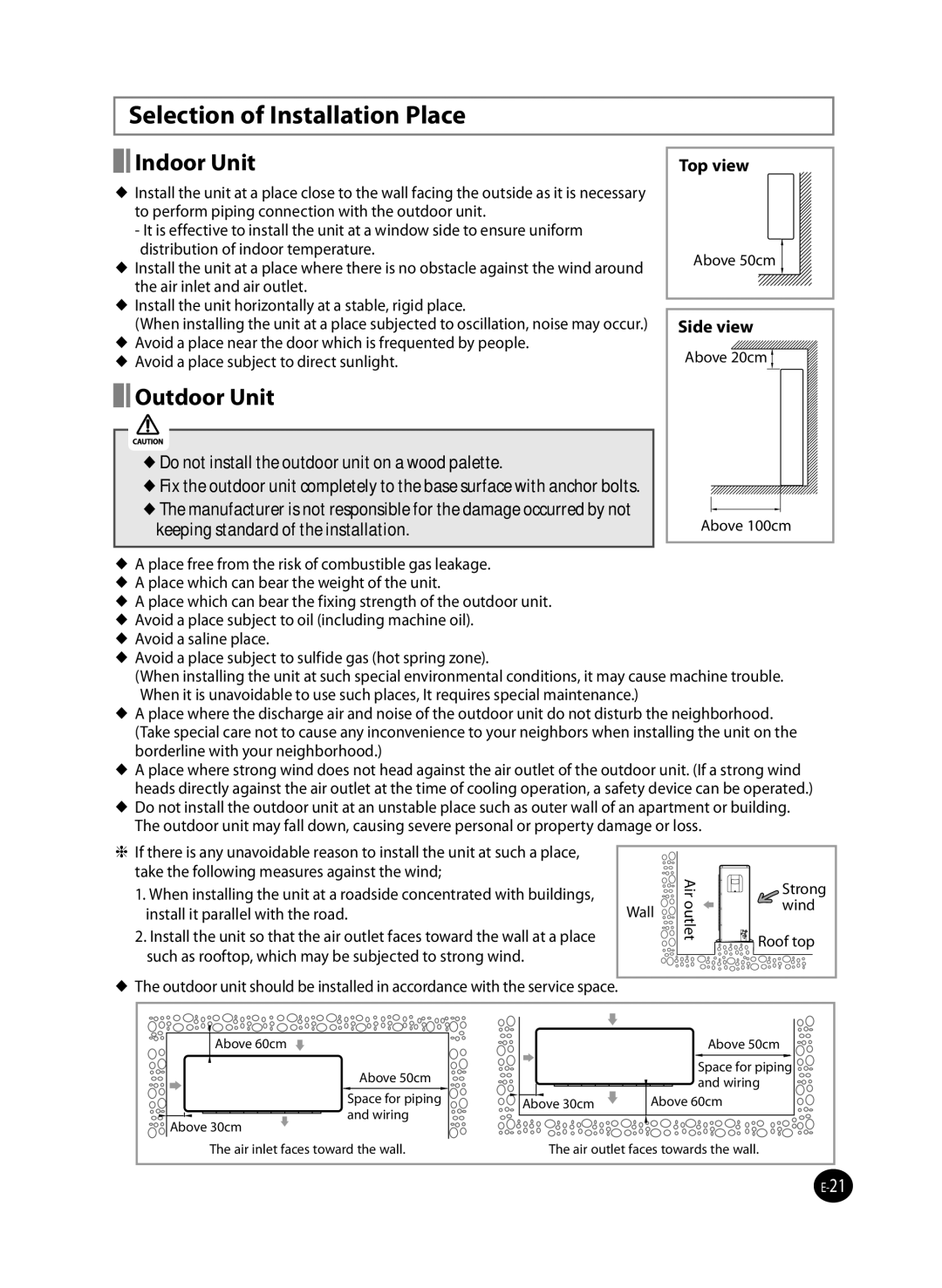 Samsung AP50Q0CNAFR, AP55Q2DNUMG manual Selection of Installation Place, Indoor Unit, Outdoor Unit 