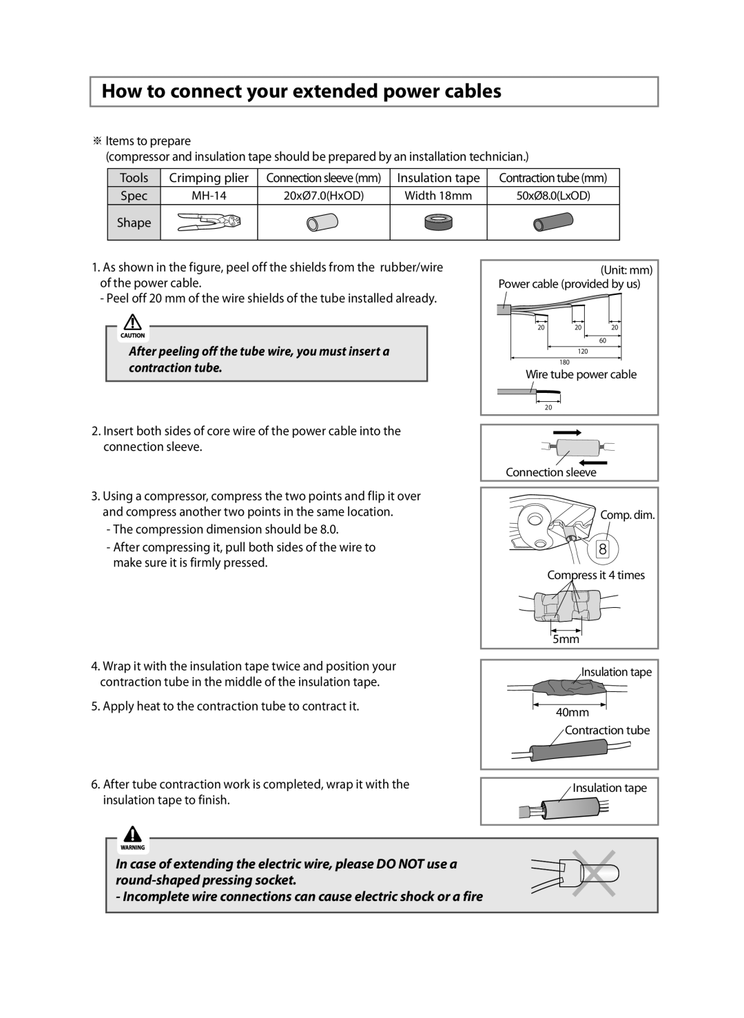 Samsung AP50Q0CNAFR, AP55Q2DNUMG manual How to connect your extended power cables, Wire tube power cable Connection sleeve 