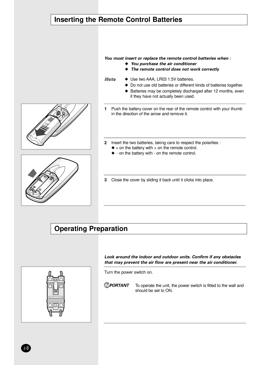 Samsung APC304NTB1/UMG manual Inserting the Remote Control Batteries, Operating Preparation 