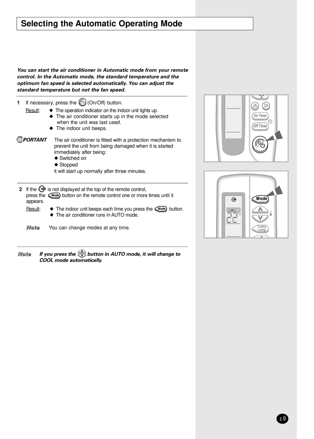 Samsung APC304NTB1/UMG manual Selecting the Automatic Operating Mode 