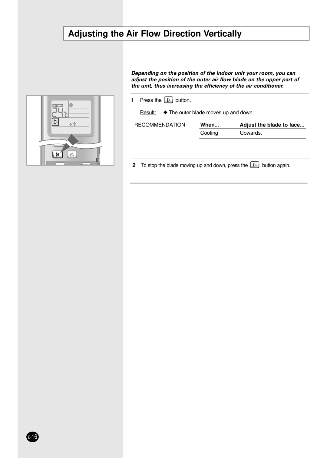 Samsung APC3270B/UMG manual Adjusting the Air Flow Direction Vertically, Recommendation 