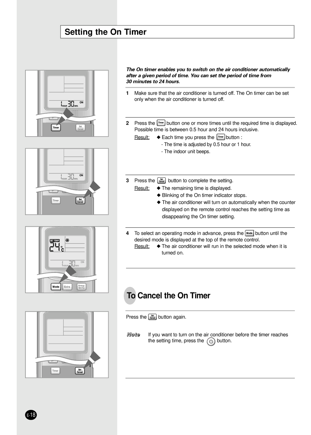 Samsung APC3270B/UMG manual Setting the On Timer, To Cancel the On Timer 