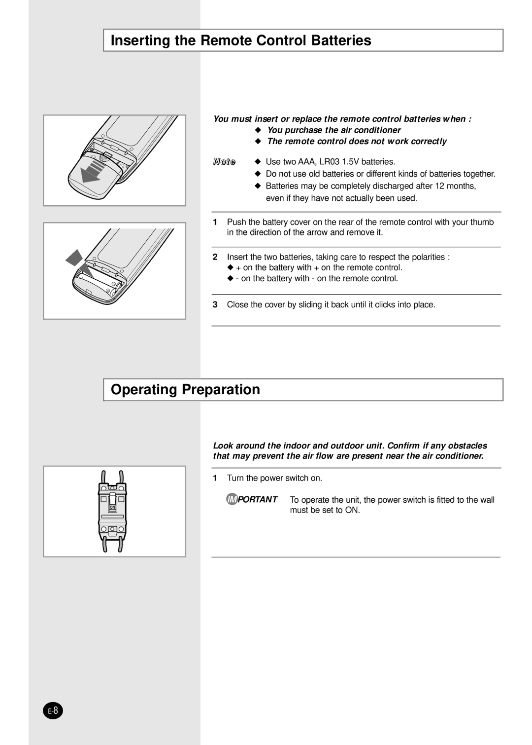 Samsung APC3270B/UMG manual Inserting the Remote Control Batteries, Operating Preparation 