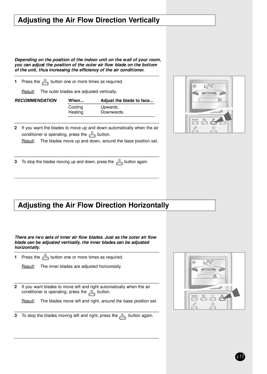 Samsung APH289SEG/XFO manual Adjusting the Air Flow Direction Vertically, Adjusting the Air Flow Direction Horizontally 