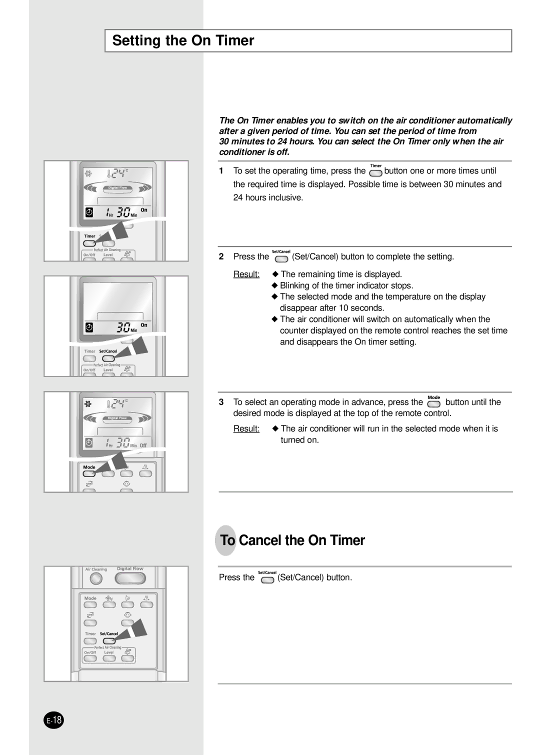 Samsung APH289SEF/XFO, APH289SEG/XFO manual Setting the On Timer, To Cancel the On Timer 