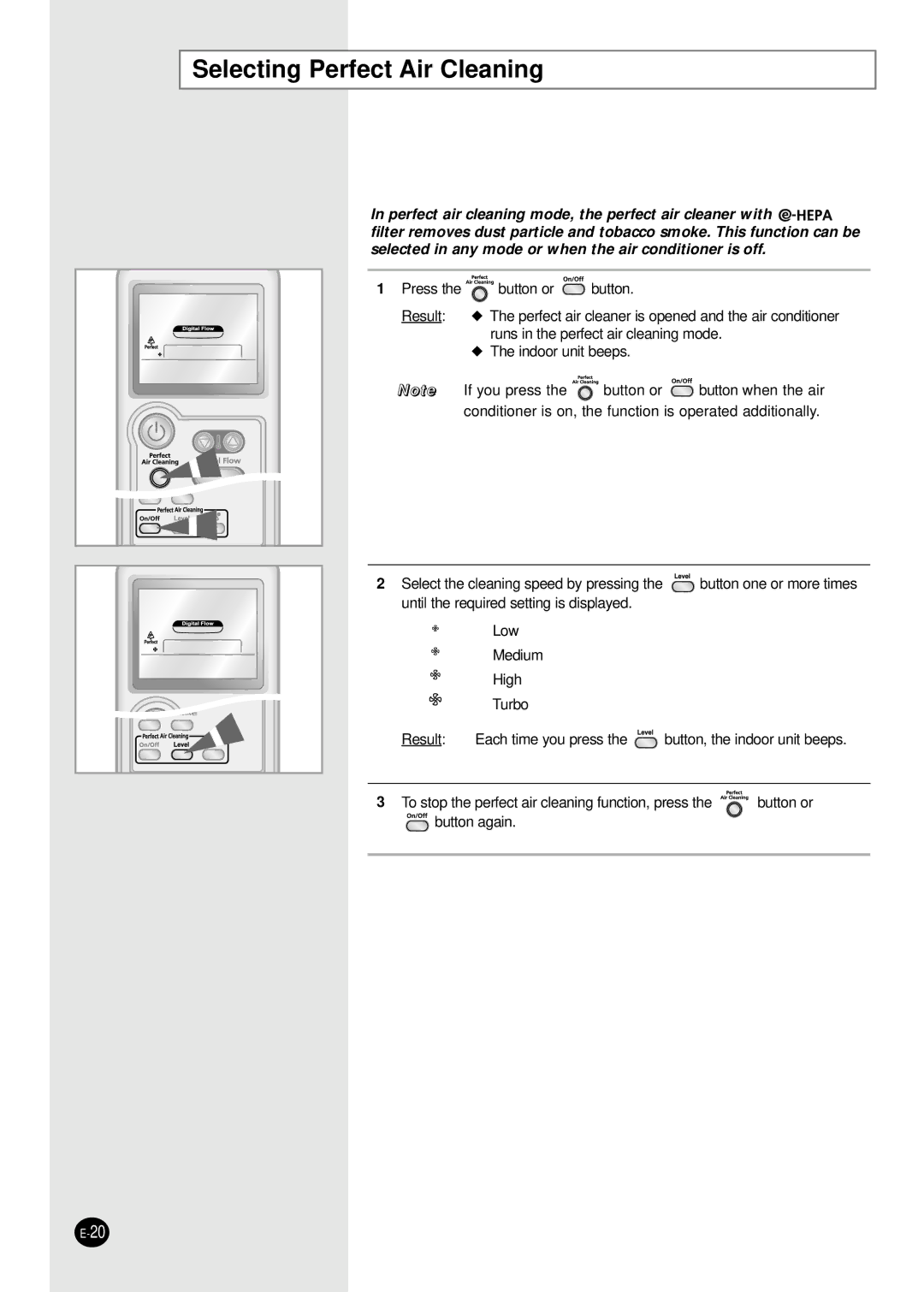 Samsung APH289SEF/XFO, APH289SEG/XFO manual Selecting Perfect Air Cleaning 