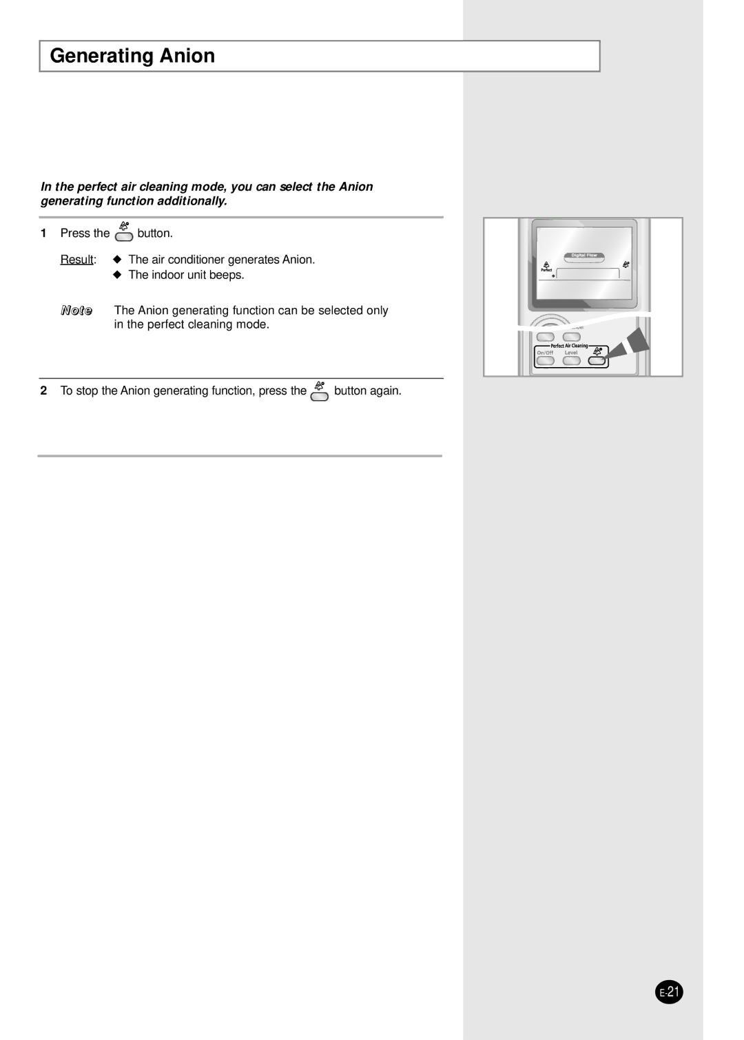 Samsung APH289SEG/XFO, APH289SEF/XFO manual Generating Anion 