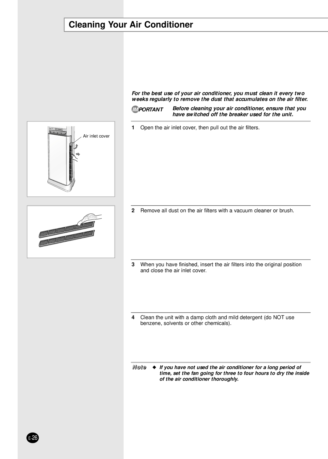 Samsung APH289SEF/XFO, APH289SEG/XFO manual Cleaning Your Air Conditioner 