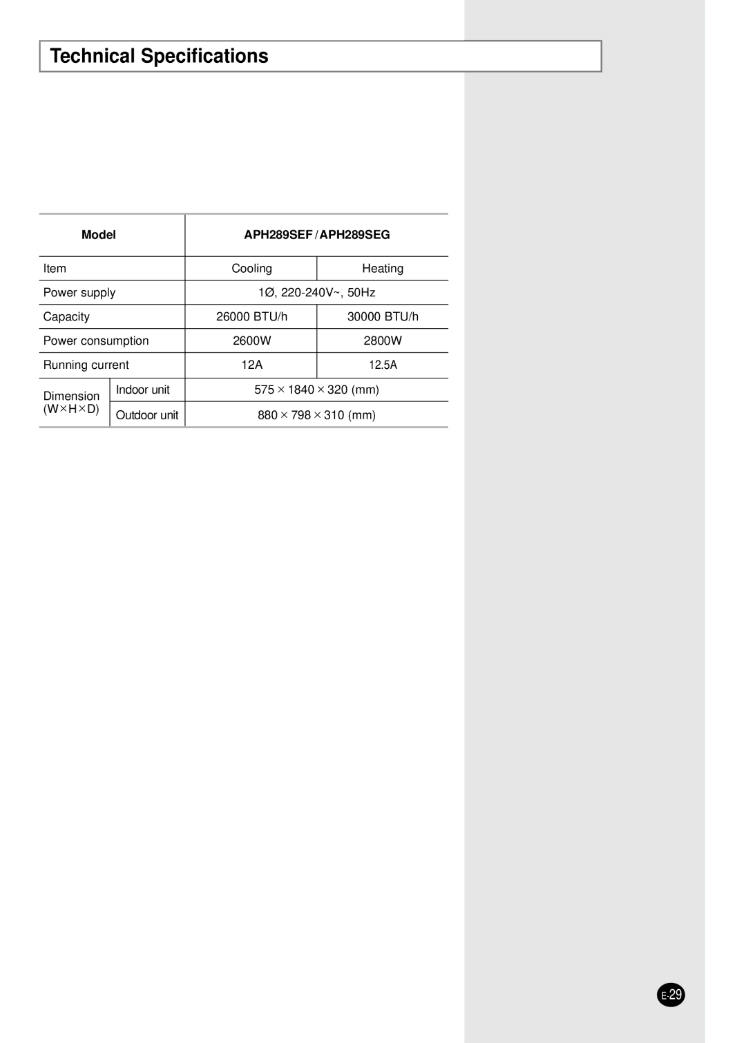 Samsung APH289SEG/XFO, APH289SEF/XFO manual Technical Specifications, APH289SEF / APH289SEG 