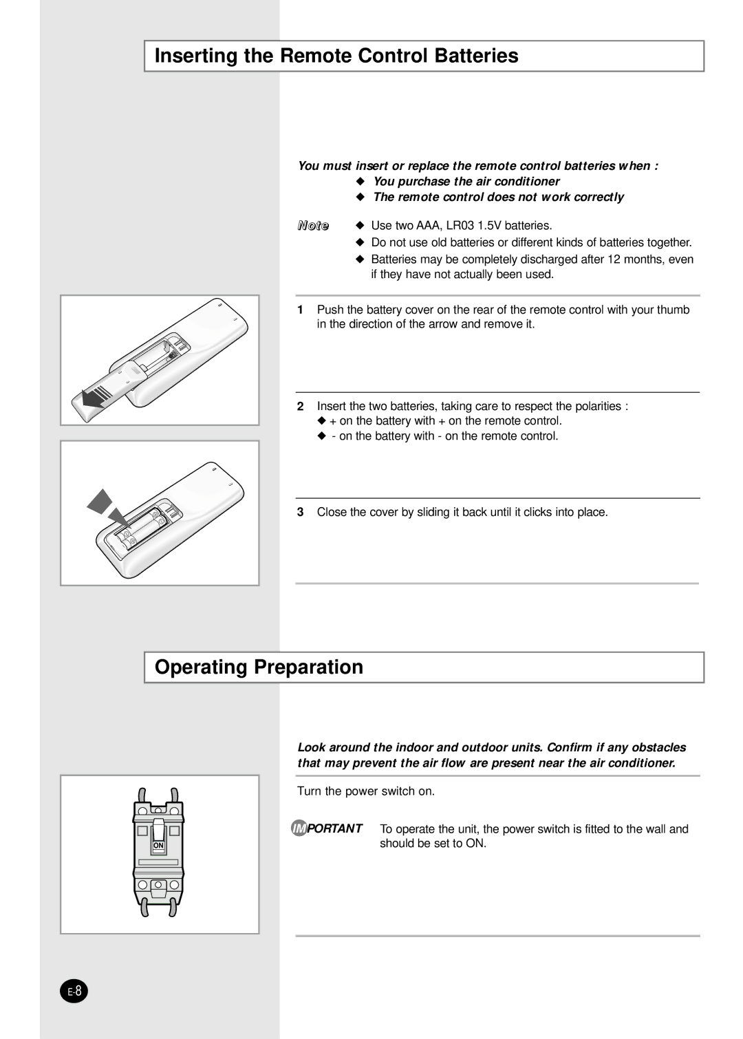 Samsung APH289SEF/XFO, APH289SEG/XFO manual Inserting the Remote Control Batteries, Operating Preparation 