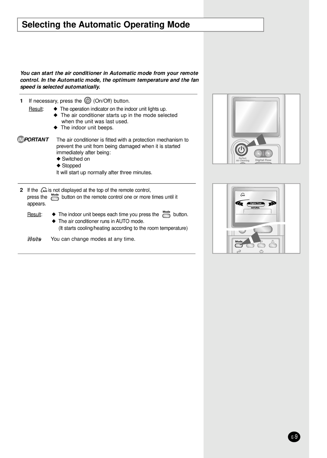 Samsung APH289SEG/XFO, APH289SEF/XFO manual Selecting the Automatic Operating Mode 