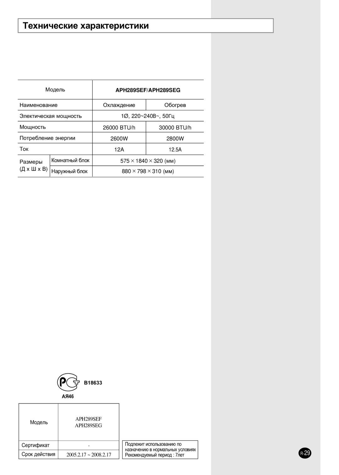 Samsung APH289SEG/XFO, APH289SEF/XFO manual ÍÂıÌË˜ÂÒÍËÂ ı‡‡ÍÚÂËÒÚËÍË, MÓ‰ÂÎ¸ APH289SEF APH289SEG CÂÚËÙËÍ‡Ú 