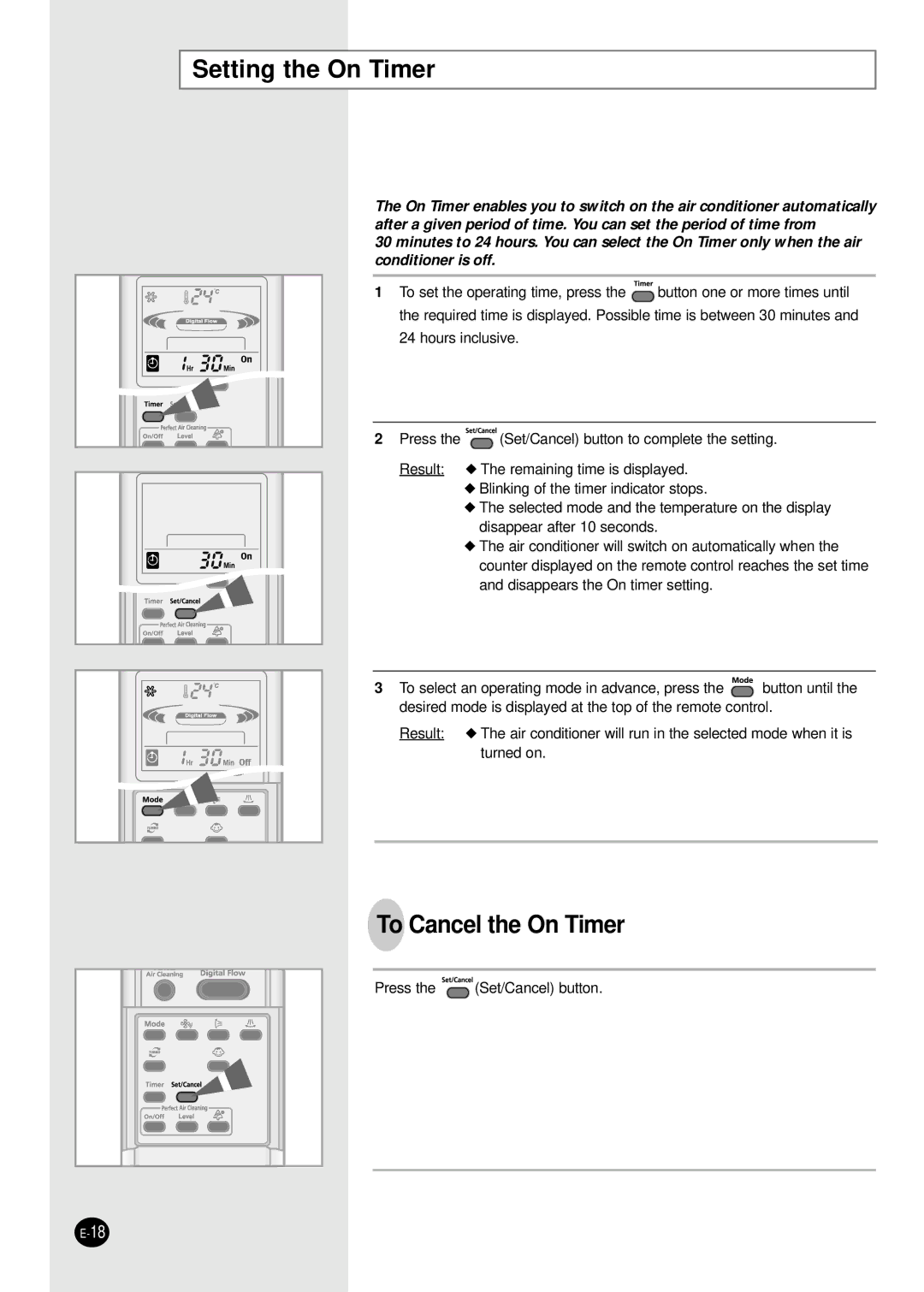 Samsung APH289SER/XFO, APH289SEF/XFO, APH289SEG/XFO manual Setting the On Timer, To Cancel the On Timer 