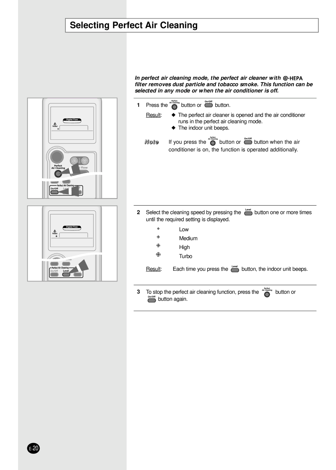 Samsung APH289SEG/XFO, APH289SER/XFO, APH289SEF/XFO manual Selecting Perfect Air Cleaning 