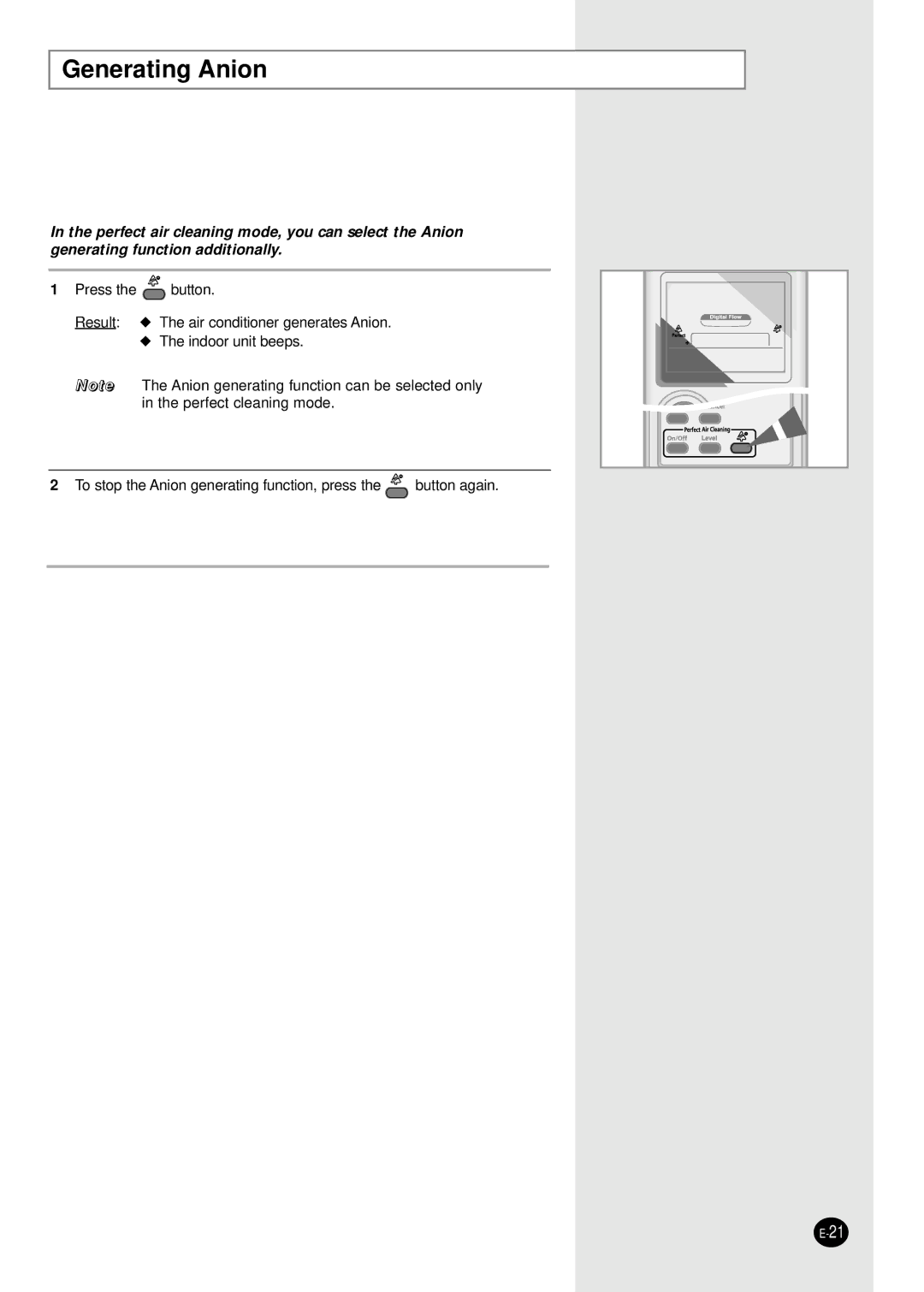 Samsung APH289SER/XFO, APH289SEF/XFO, APH289SEG/XFO manual Generating Anion 