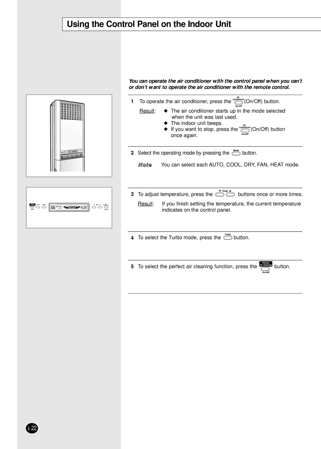 Samsung APH289SEF/XFO, APH289SER/XFO, APH289SEG/XFO manual Using the Control Panel on the Indoor Unit 