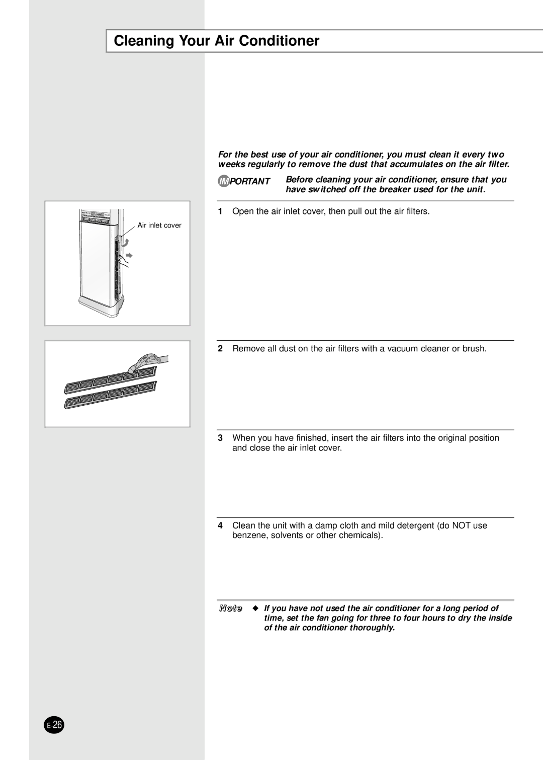 Samsung APH289SEG/XFO, APH289SER/XFO, APH289SEF/XFO manual Cleaning Your Air Conditioner 