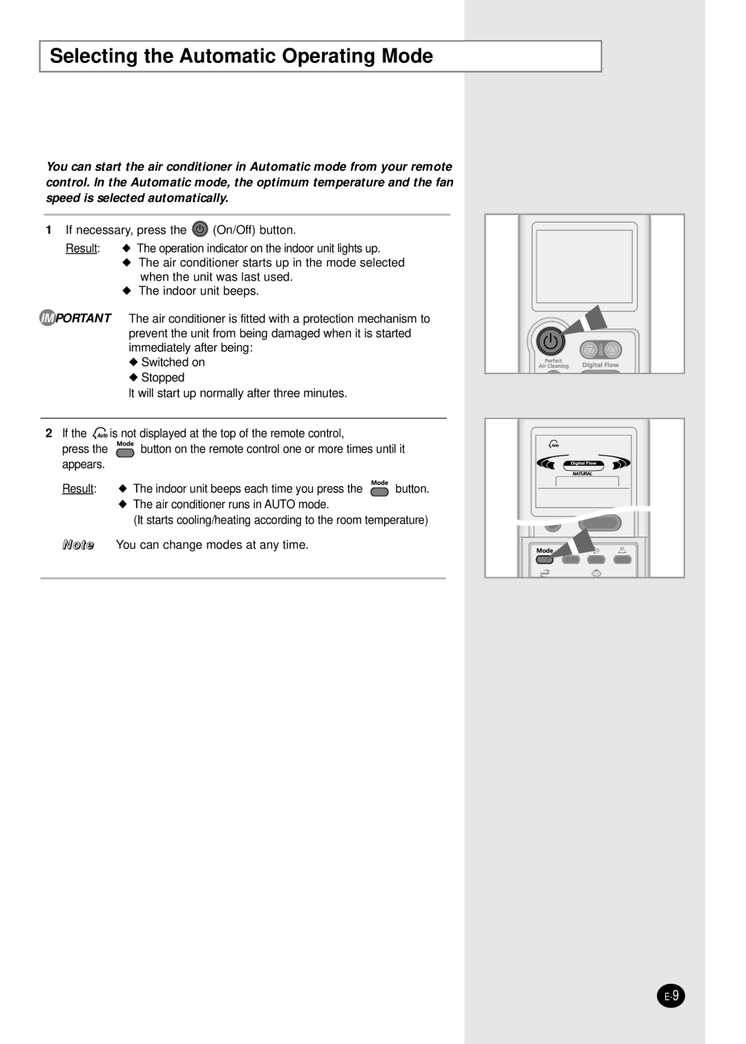 Samsung APH289SER/XFO, APH289SEF/XFO, APH289SEG/XFO manual Selecting the Automatic Operating Mode 