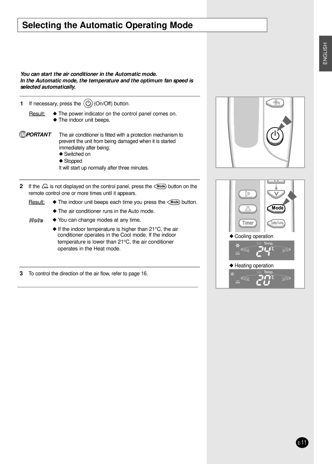 Samsung APH503QG/XSG, APH503QG-MID, APH503QG/AFR, APH503QG/HAC, APH503QG/XFO manual Selecting the Automatic Operating Mode 