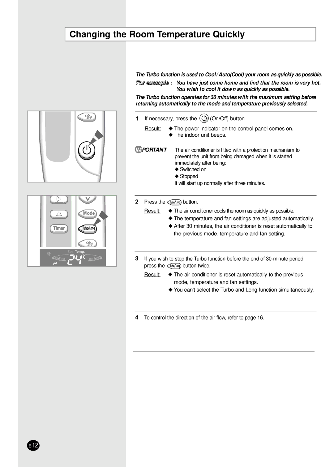 Samsung APH503QG/AFR, APH503QG-MID, APH503QG/XSG, APH503QG/HAC, APH503QG/XFO manual Changing the Room Temperature Quickly 