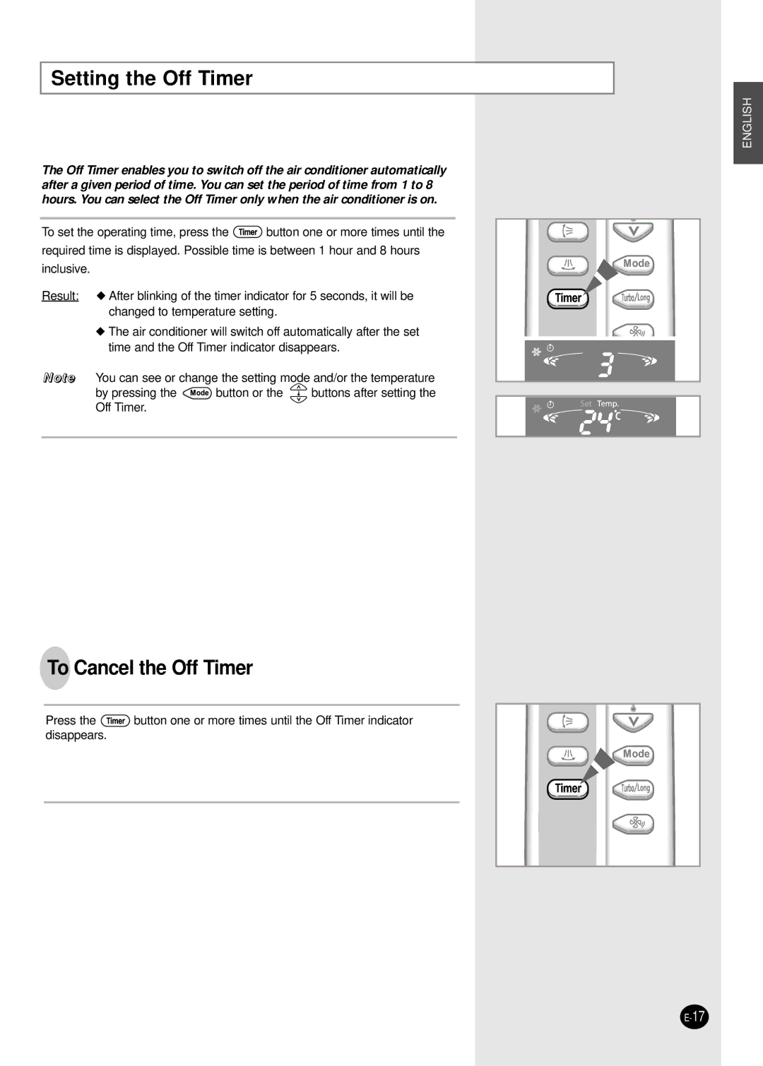 Samsung APH503QG/AFR, APH503QG-MID, APH503QG/XSG, APH503QG/HAC, APH503QG/XFO Setting the Off Timer, To Cancel the Off Timer 