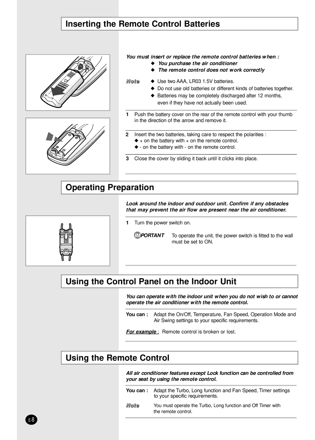 Samsung APH503QG/HAC, APH503QG-MID Inserting the Remote Control Batteries, Operating Preparation, Using the Remote Control 