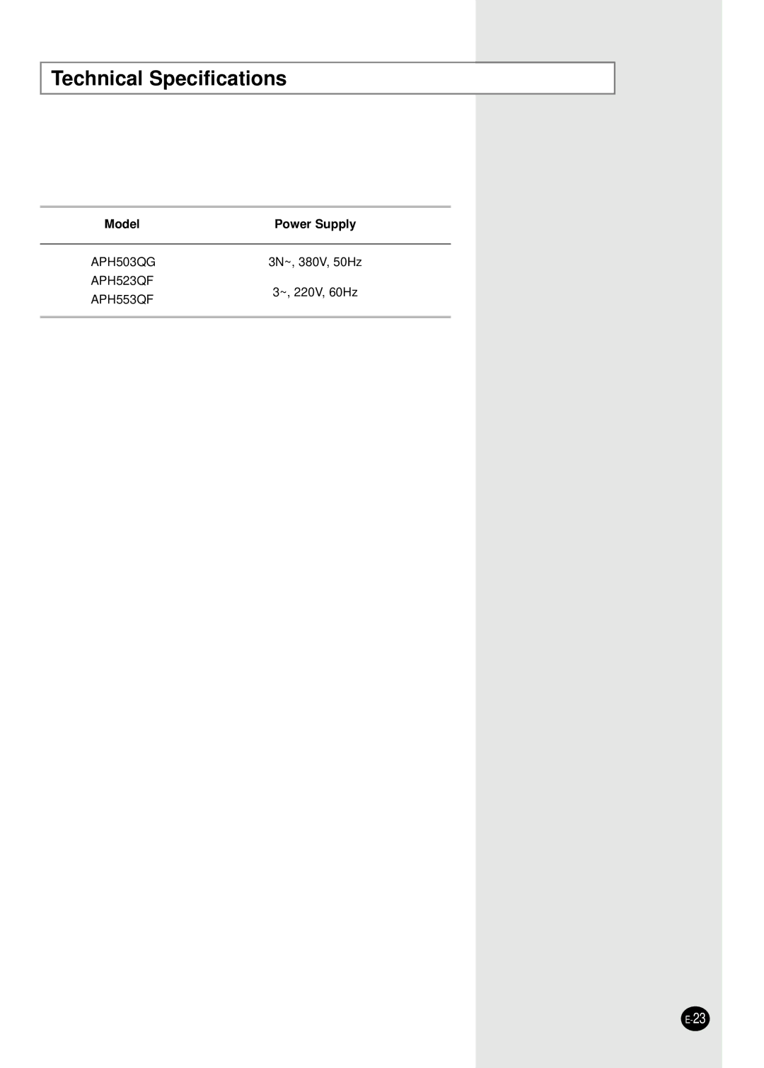 Samsung APH503QG/HAC, APH503QG-MID, APH503QG/XSG, APH503QG/AFR, APH503QG/XFO manual Technical Specifications 