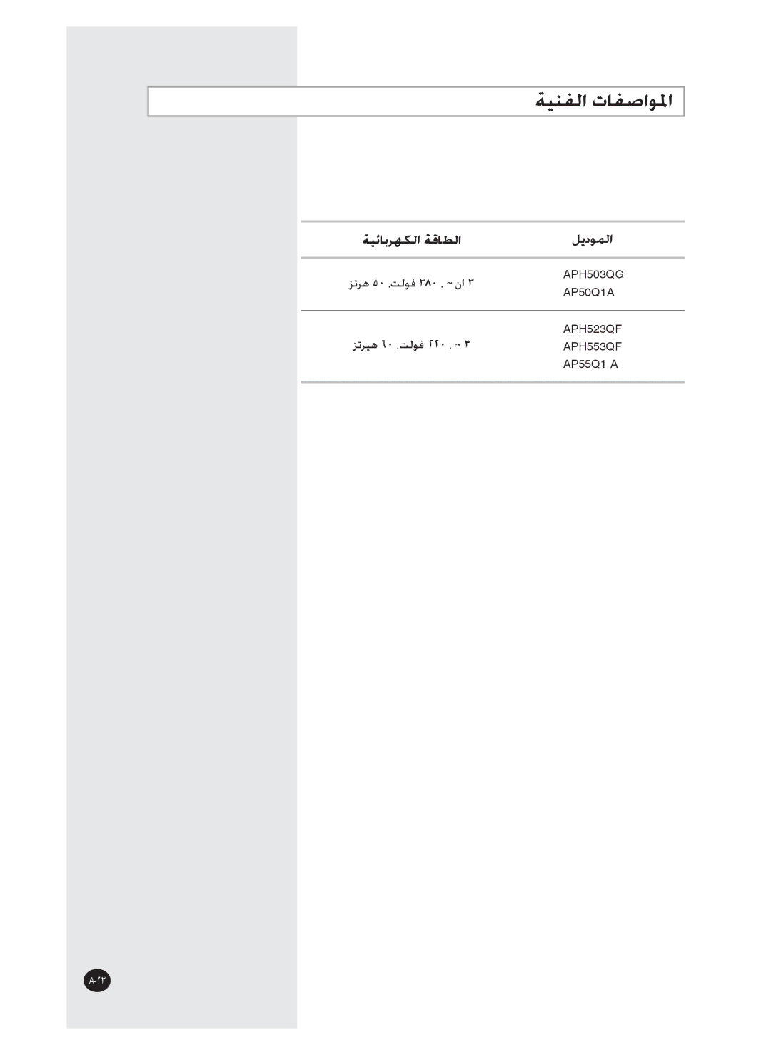 Samsung APH503QG/HAC, APH503QG-MID, APH503QG/XSG, APH503QG/AFR manual ﺔﻴﻨﻔﻟﺍ ﺕﺎﻔﺻﺍﻮﳌﺍ 