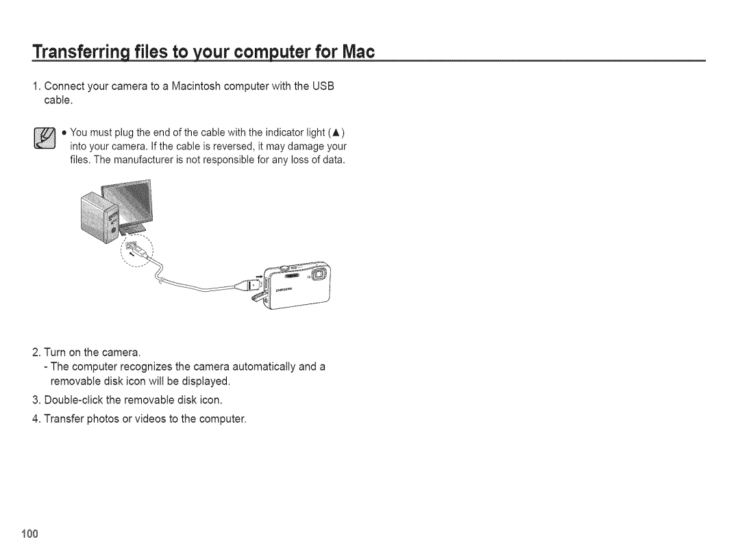 Samsung AQ 1O0 manual Transferring flies to your computer for Mac 