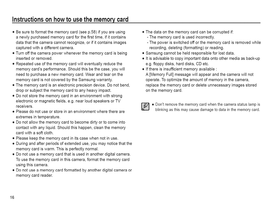 Samsung AQ 1O0 manual Instructionson how1ousethe memorycard 