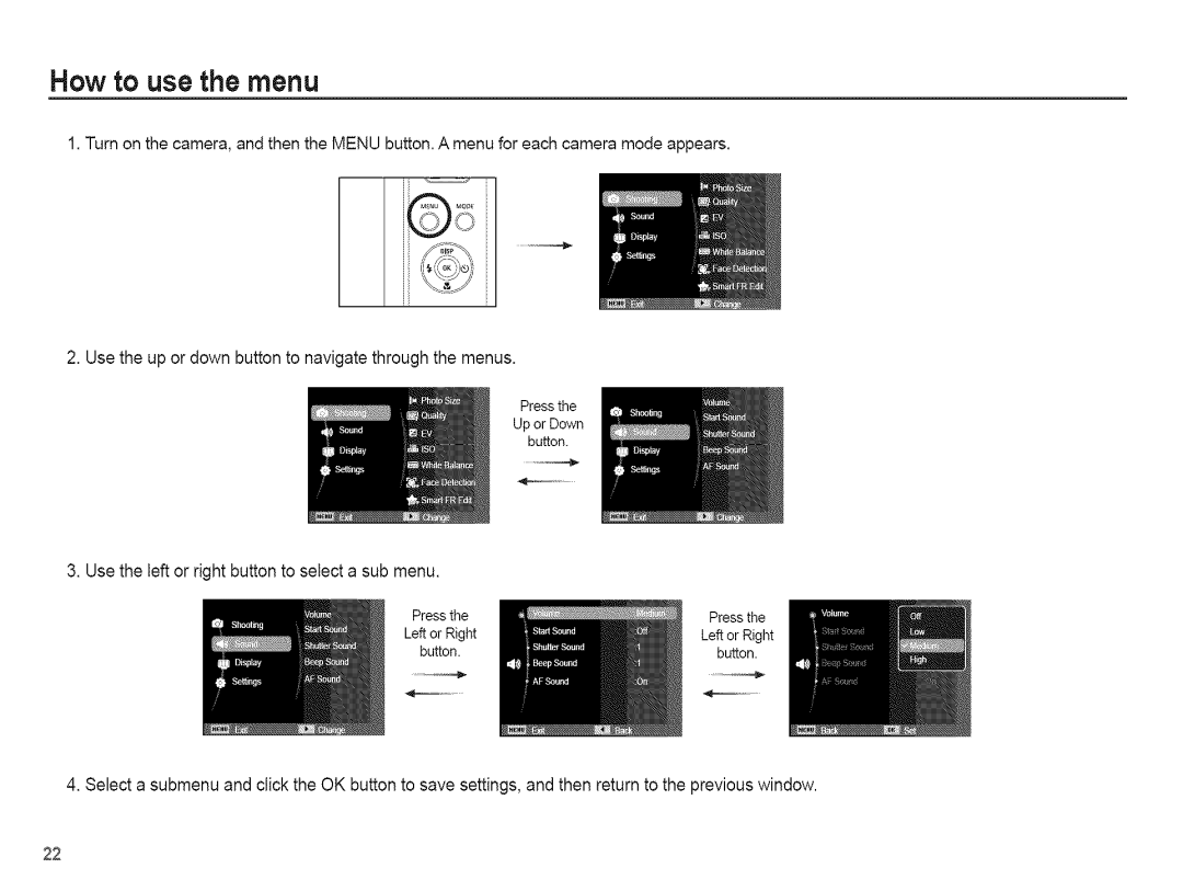 Samsung AQ 1O0 manual How to use the menu 