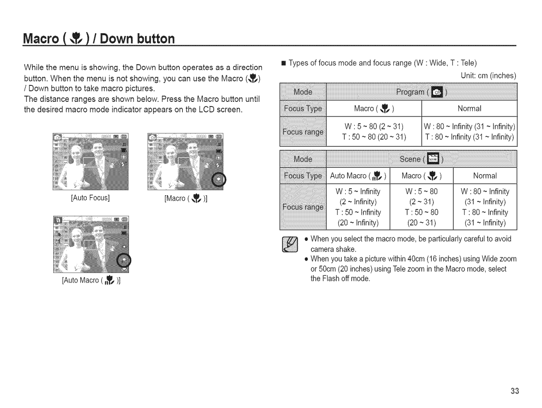 Samsung AQ 1O0 manual Macro,?, / Down button 