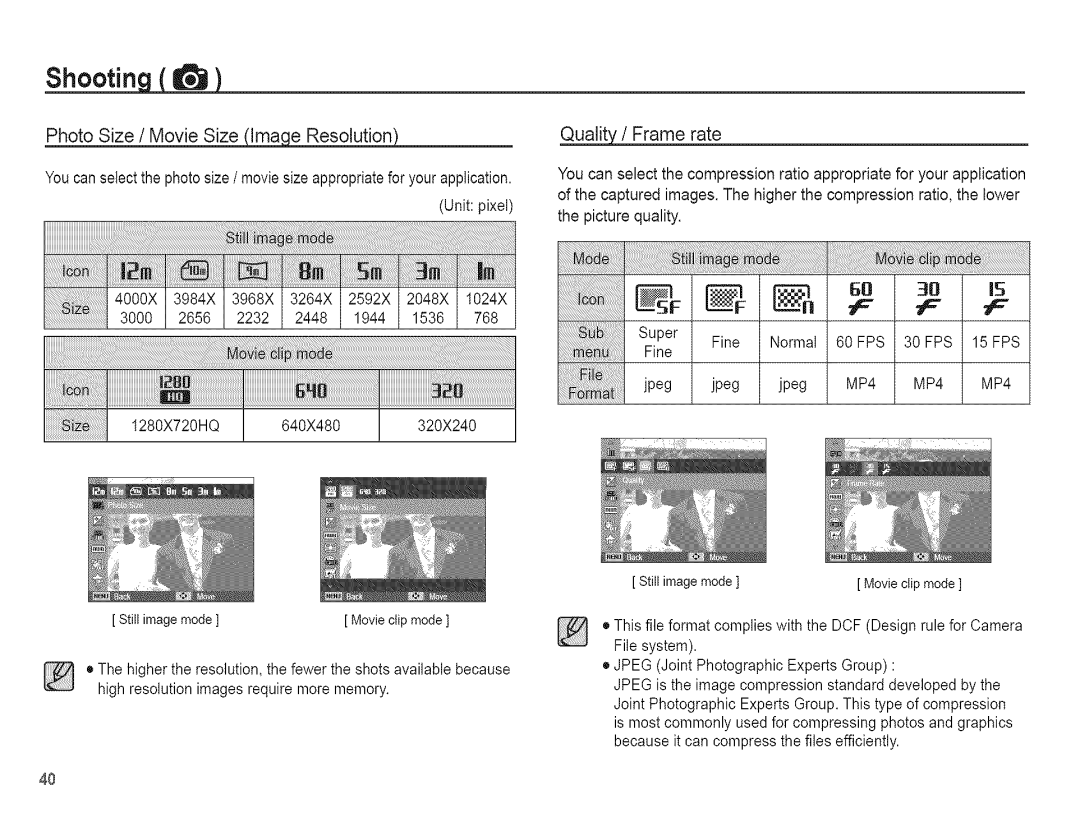 Samsung AQ 1O0 manual Photo Size / Movie Size Resolution, Quality//Frame rate 