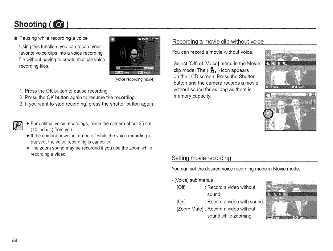 Samsung AQ 1O0 manual Setting movie recording, Without voice 