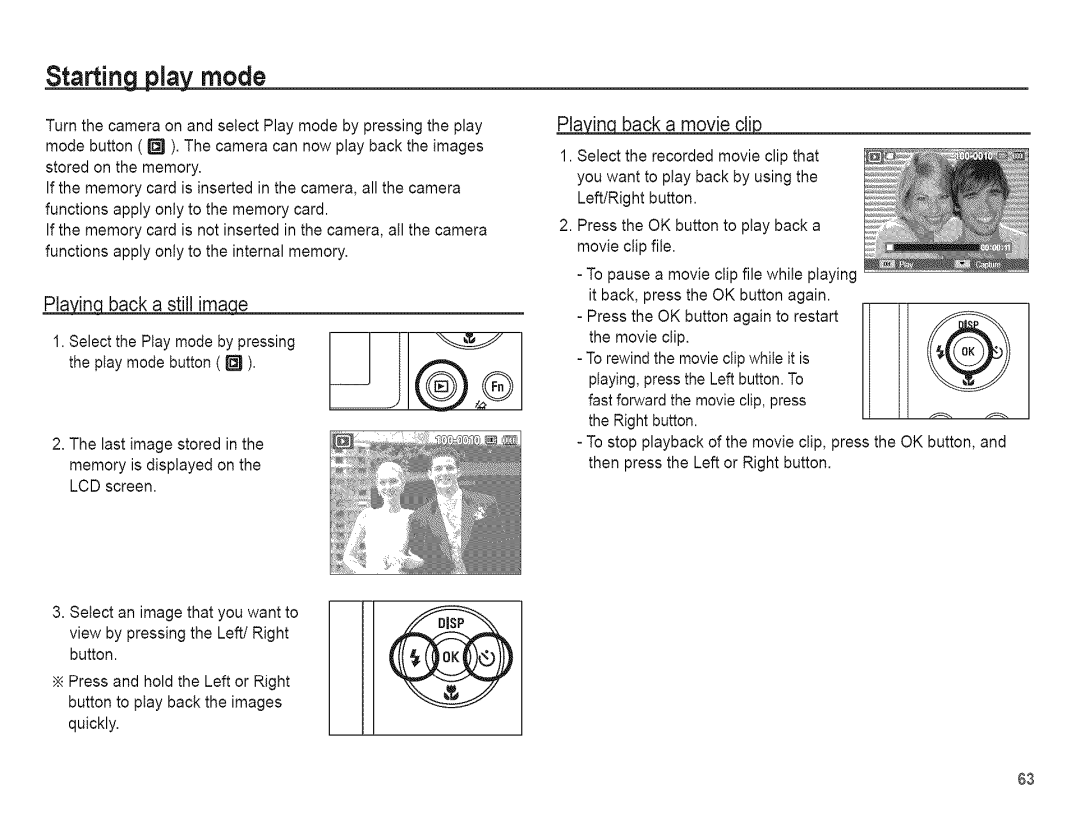 Samsung AQ 1O0 manual Starting play mode, Back a still ima, PlaQback.q a movie clip 