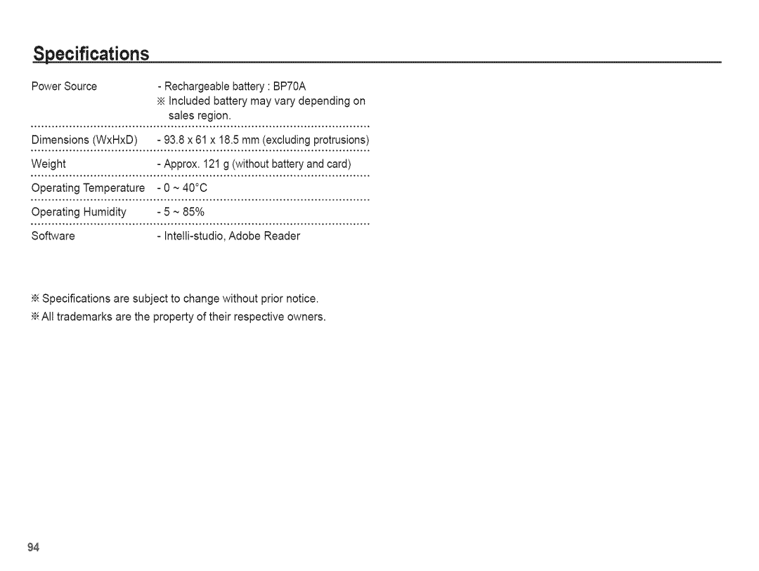 Samsung AQ 1O0 manual Specifications 