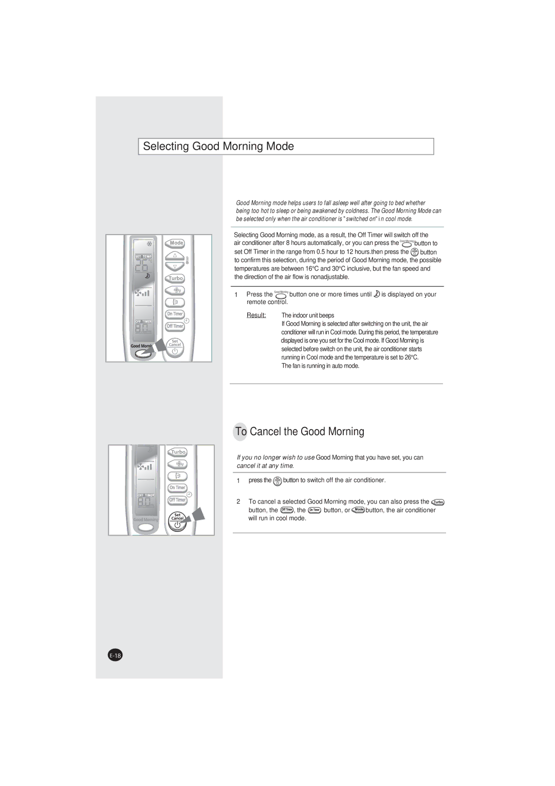 Samsung AQ07XANSER, AQ07XAXSEU, AQ07XANSEU, AQ07XAXSER manual Selecting Good Morning Mode, To Cancel the Good Morning 