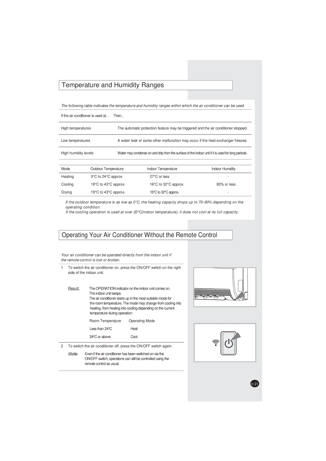 Samsung AQ07XANSEU, AQ07XAXSEU Temperature and Humidity Ranges, Operating Your Air Conditioner Without the Remote Control 