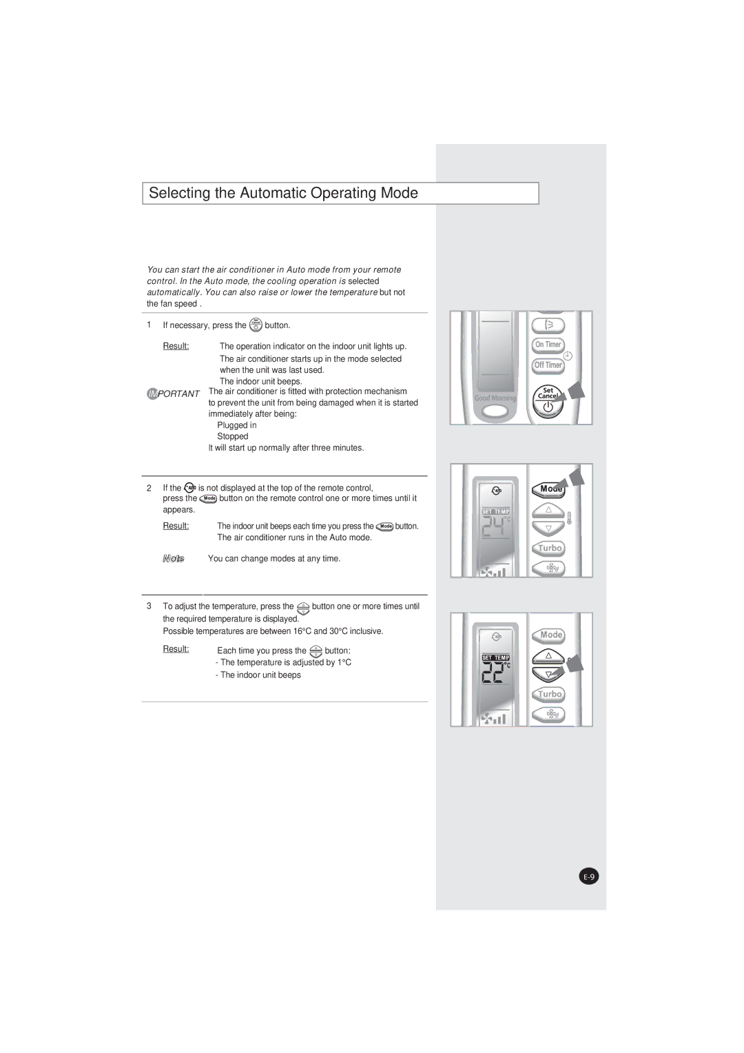 Samsung AQ07XANSEU, AQ07XAXSEU, AQ07XANSER, AQ07XAXSER manual Selecting the Automatic Operating Mode 