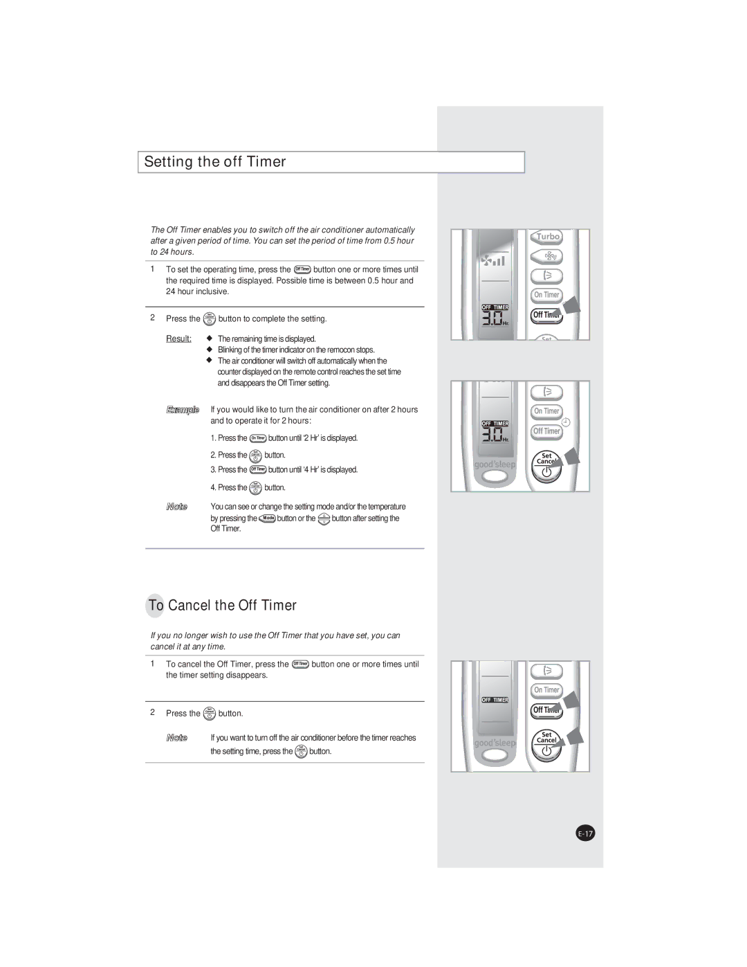 Samsung AQ09XAXSER, AQ07XAXSEU, AQ09XANSER, AQ07XANSEU, AQ07XANSER, AQ07XAXSER Setting the off Timer, To Cancel the Off Timer 